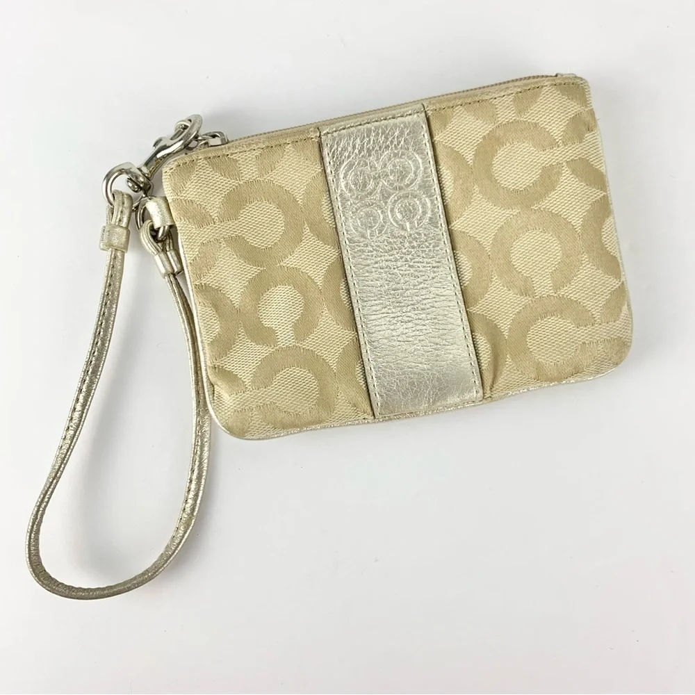 Coach Signature Print Metallic Wristlet Coin Card Wallet